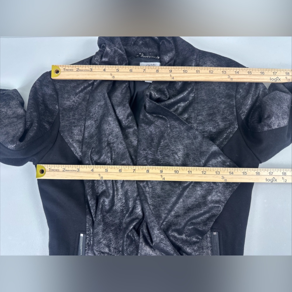 Cache Sz S Black Coated Drape Open Front Cardigan Sweater Side & Sleeve Zip - Picture 13 of 13